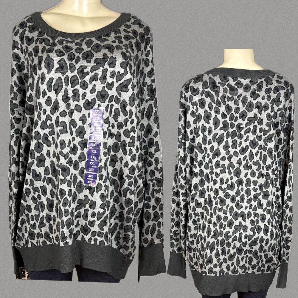 Isaac Mizrahi +XXL Gray Animal Print Crew Neck Ribbed Trim Long Sleeve Sweater